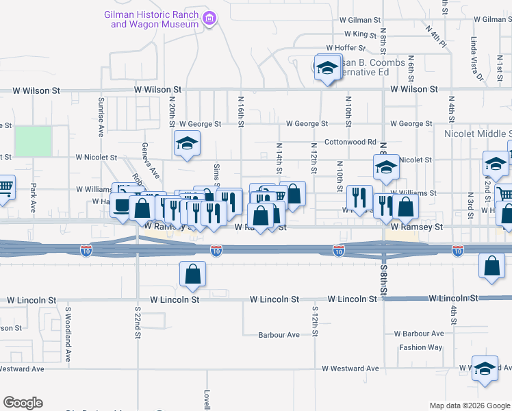 map of restaurants, bars, coffee shops, grocery stores, and more near 1533 West Hays Street in Banning