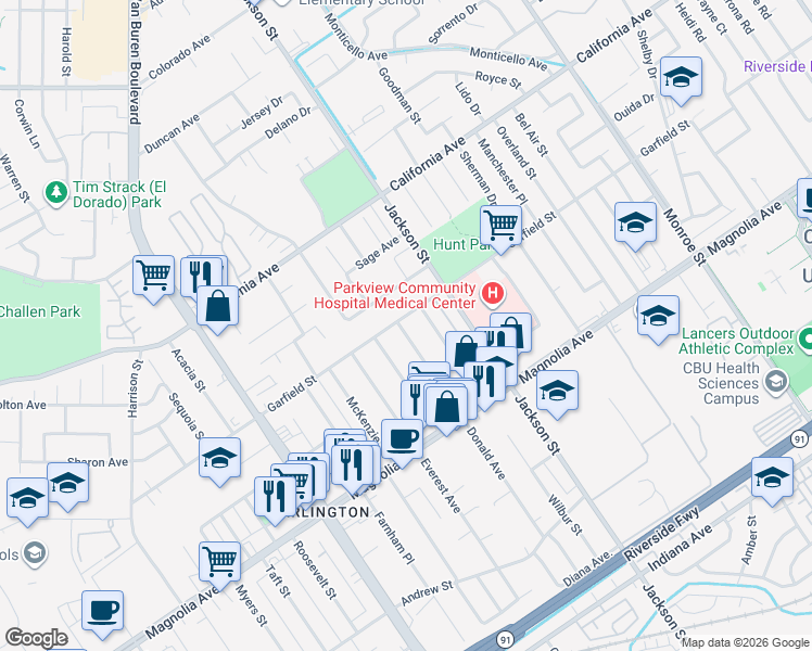 map of restaurants, bars, coffee shops, grocery stores, and more near 9205 Garfield Street in Riverside