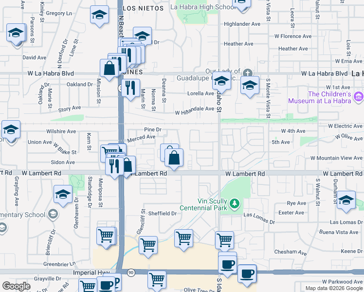 map of restaurants, bars, coffee shops, grocery stores, and more near 640 Juniper Way in La Habra