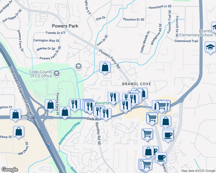 map of restaurants, bars, coffee shops, grocery stores, and more near 2528 Magnolia Ridge Drive in Marietta