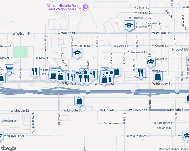 map of restaurants, bars, coffee shops, grocery stores, and more near 1645 West Hays Street in Banning