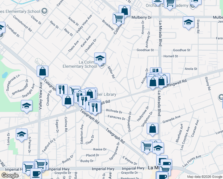 map of restaurants, bars, coffee shops, grocery stores, and more near in South Whittier