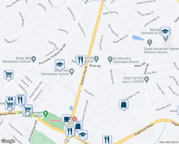map of restaurants, bars, coffee shops, grocery stores, and more near 630 Scenic Highway South in Lawrenceville