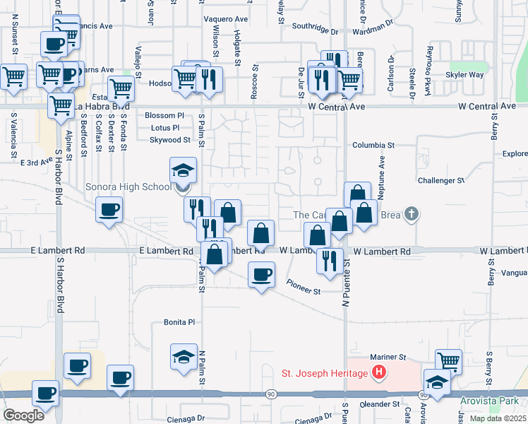map of restaurants, bars, coffee shops, grocery stores, and more near 2331 Lake Crest Lane in La Habra