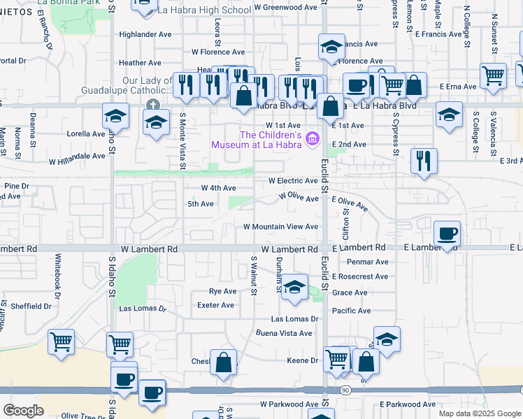 map of restaurants, bars, coffee shops, grocery stores, and more near 414 West Olive Avenue in La Habra