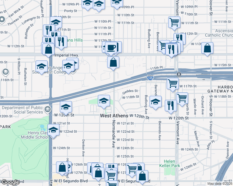 map of restaurants, bars, coffee shops, grocery stores, and more near 11700 Normandie Avenue in Los Angeles