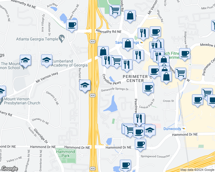 map of restaurants, bars, coffee shops, grocery stores, and more near 1043 Pearl Point Northeast in Atlanta