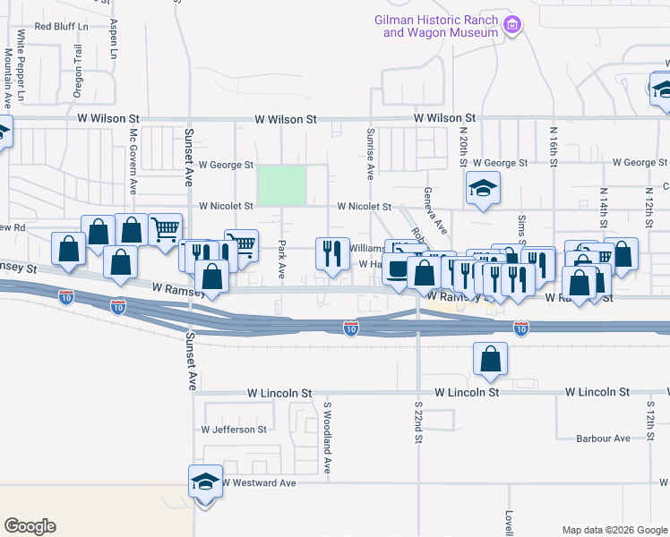 map of restaurants, bars, coffee shops, grocery stores, and more near 106 North Woodland Avenue in Banning