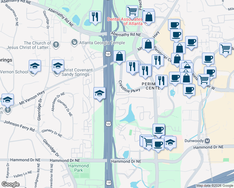 map of restaurants, bars, coffee shops, grocery stores, and more near 985 Pearl Point Northeast in Atlanta