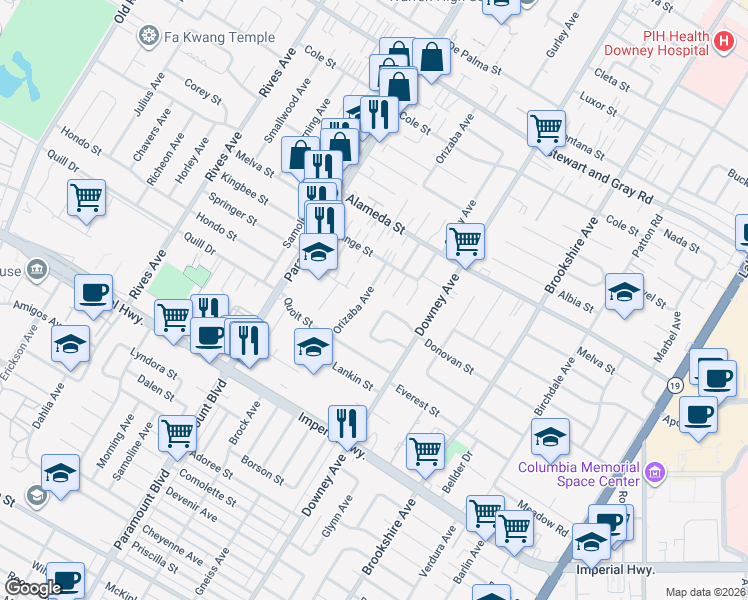 map of restaurants, bars, coffee shops, grocery stores, and more near 12292 Orizaba Avenue in Downey