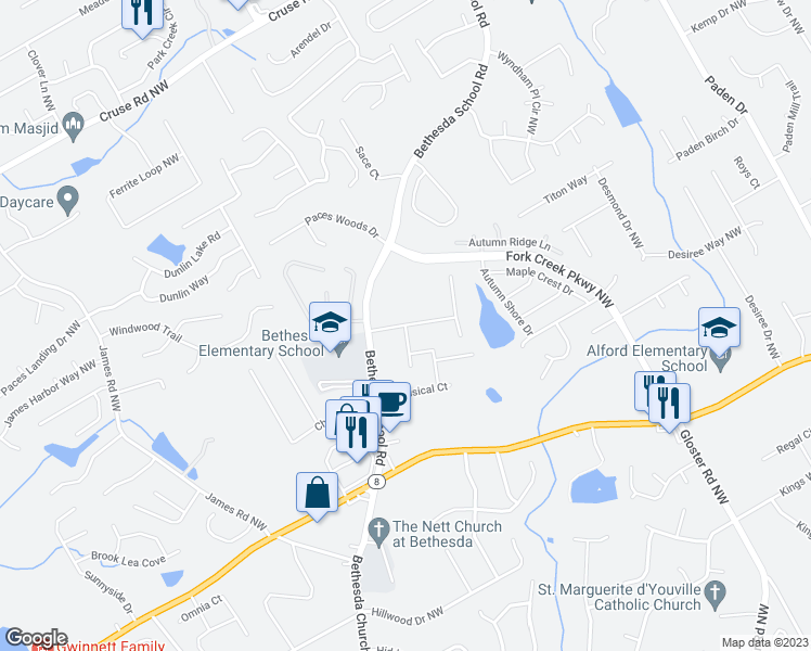 map of restaurants, bars, coffee shops, grocery stores, and more near 2917 Saddletop Way Northwest in Lawrenceville