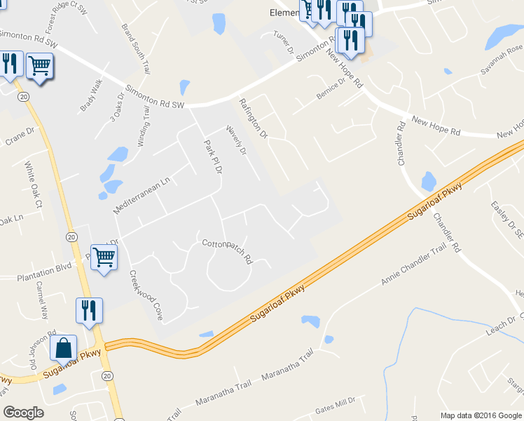 map of restaurants, bars, coffee shops, grocery stores, and more near 86 Stone Wood Lane in Lawrenceville