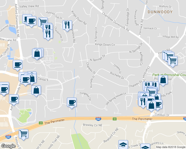 map of restaurants, bars, coffee shops, grocery stores, and more near 1518 Rochelle Drive in Dunwoody