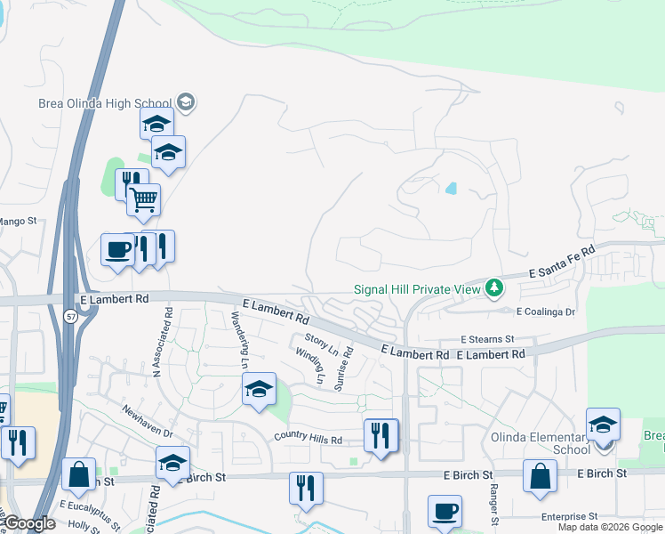 map of restaurants, bars, coffee shops, grocery stores, and more near 2408 East Kern River Lane in Brea
