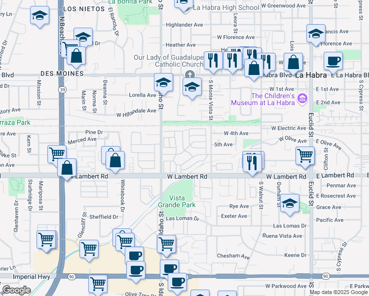 map of restaurants, bars, coffee shops, grocery stores, and more near 1000 West Lambert Road in La Habra