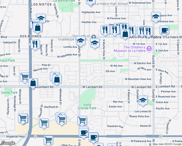 map of restaurants, bars, coffee shops, grocery stores, and more near 1001 West Lambert Road in La Habra