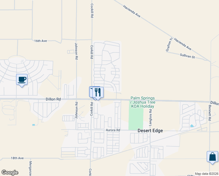 map of restaurants, bars, coffee shops, grocery stores, and more near 70200 Dillon Road in Desert Hot Springs