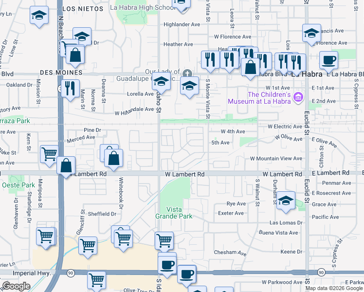 map of restaurants, bars, coffee shops, grocery stores, and more near 1000 West Lambert Road in La Habra