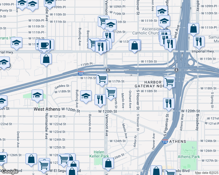 map of restaurants, bars, coffee shops, grocery stores, and more near 11724 South Vermont Avenue in Los Angeles