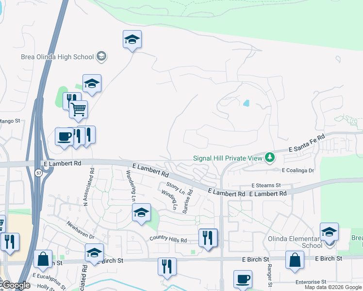 map of restaurants, bars, coffee shops, grocery stores, and more near 2408 East Kern River Lane in Brea