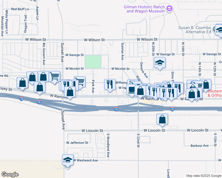 map of restaurants, bars, coffee shops, grocery stores, and more near 106 North Woodland Avenue in Banning