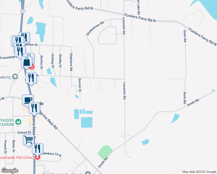 map of restaurants, bars, coffee shops, grocery stores, and more near 3637 Hall Drive in Southside