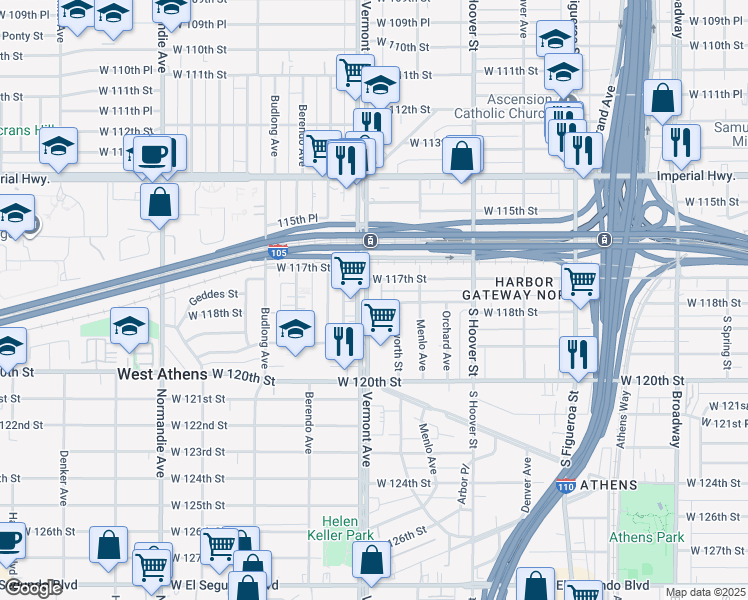 map of restaurants, bars, coffee shops, grocery stores, and more near 11724 South Vermont Avenue in Los Angeles