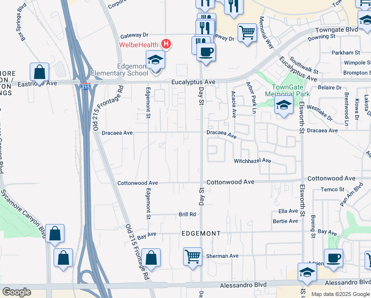 map of restaurants, bars, coffee shops, grocery stores, and more near 13321 Hildegarde Street in Moreno Valley