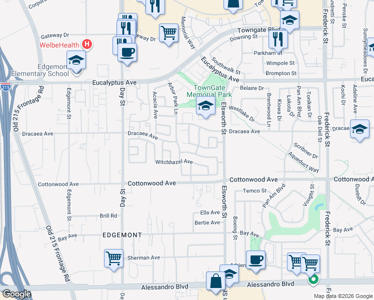map of restaurants, bars, coffee shops, grocery stores, and more near 22332 Hawthorn Avenue in Moreno Valley