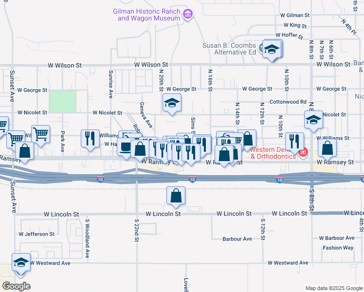 map of restaurants, bars, coffee shops, grocery stores, and more near 1837 West Hays Street in Banning