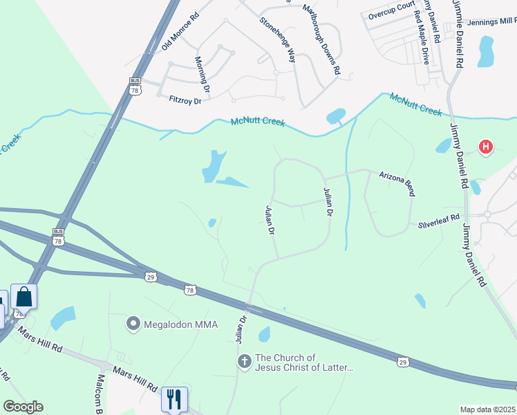 map of restaurants, bars, coffee shops, grocery stores, and more near 1750 Julian Drive in Watkinsville