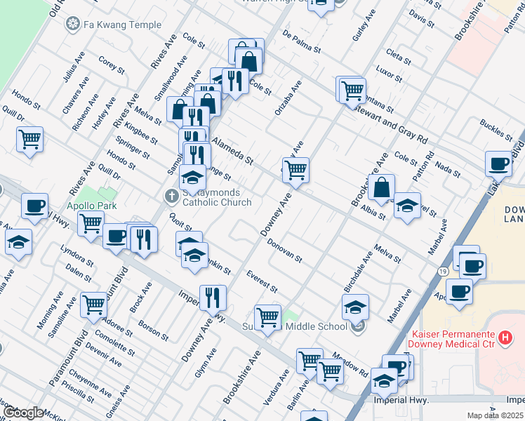 map of restaurants, bars, coffee shops, grocery stores, and more near 12260 Caladre Avenue in Downey
