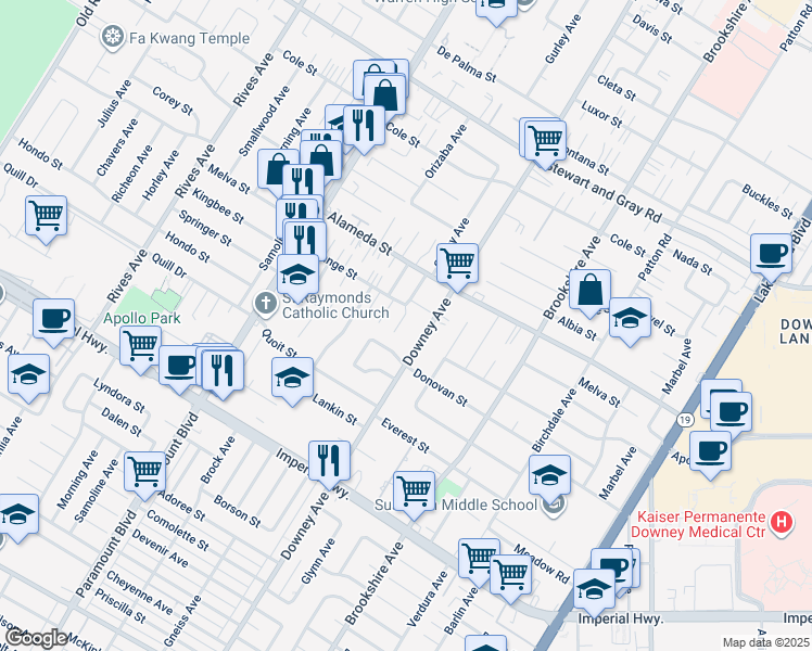 map of restaurants, bars, coffee shops, grocery stores, and more near 12260 Caladre Avenue in Downey
