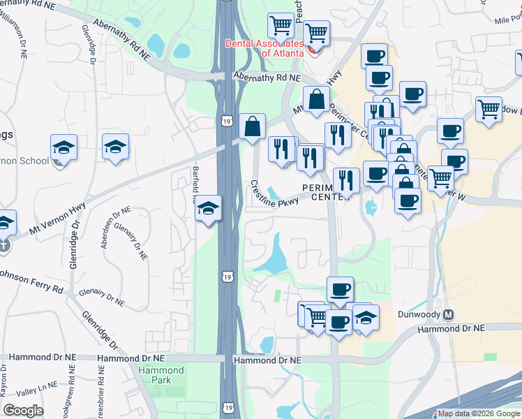 map of restaurants, bars, coffee shops, grocery stores, and more near 968 Persimmon Point Northeast in Atlanta