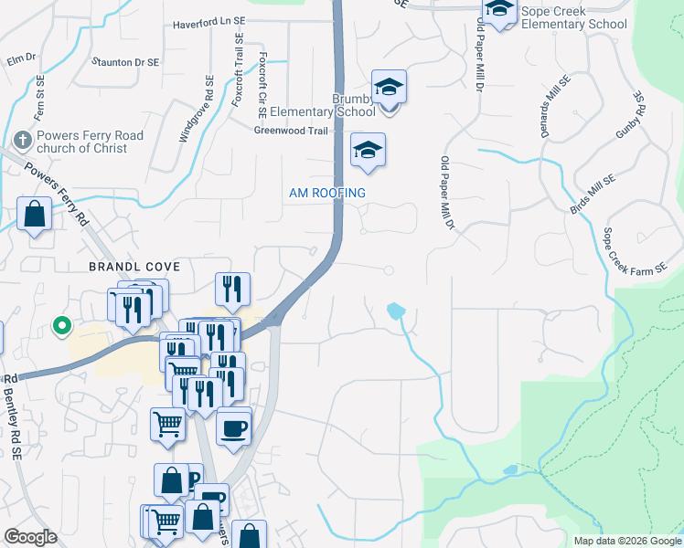 map of restaurants, bars, coffee shops, grocery stores, and more near 3193 Old Mill Trce in Marietta