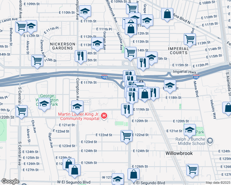 map of restaurants, bars, coffee shops, grocery stores, and more near 11739 Holmes Avenue in Los Angeles