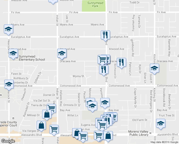 map of restaurants, bars, coffee shops, grocery stores, and more near 24835 Ramona Lane in Moreno Valley