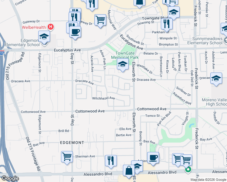 map of restaurants, bars, coffee shops, grocery stores, and more near 22358 Hawthorn Avenue in Moreno Valley