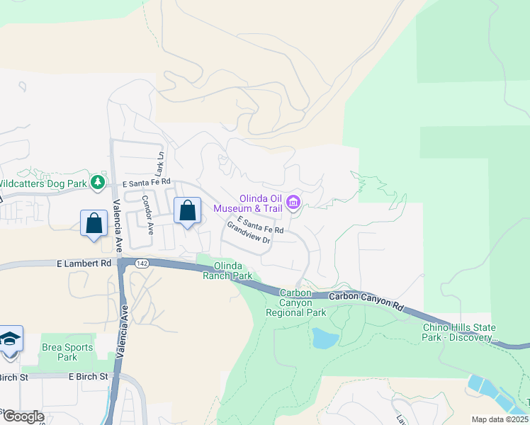 map of restaurants, bars, coffee shops, grocery stores, and more near 540 Boxcar Lane in Brea