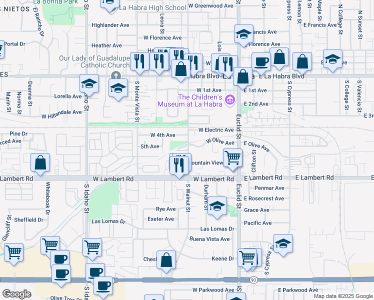 map of restaurants, bars, coffee shops, grocery stores, and more near 519 South Walnut Street in La Habra