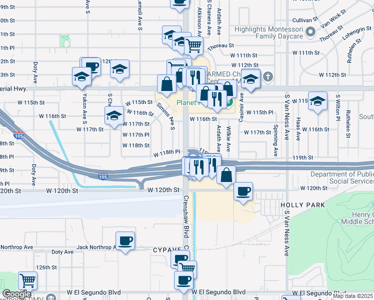 map of restaurants, bars, coffee shops, grocery stores, and more near 11722 Crenshaw Boulevard in Inglewood