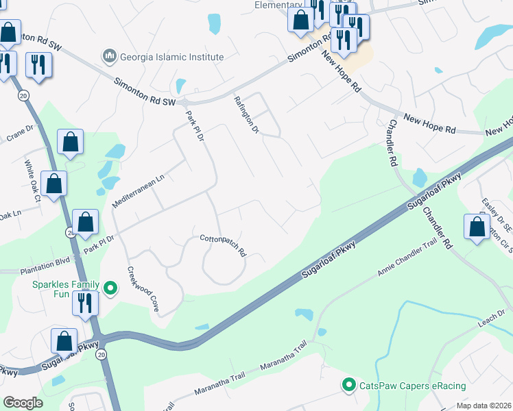 map of restaurants, bars, coffee shops, grocery stores, and more near 86 Stone Wood Lane in Lawrenceville