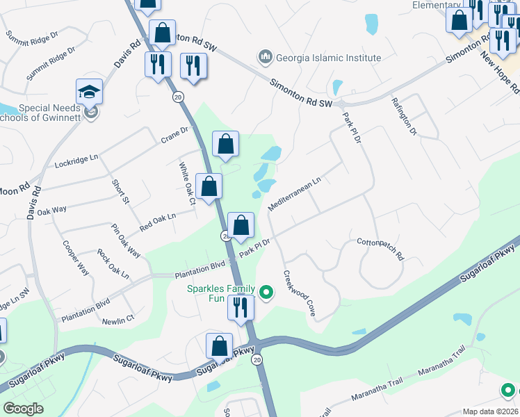 map of restaurants, bars, coffee shops, grocery stores, and more near 255 Mediterranean Lane in Lawrenceville
