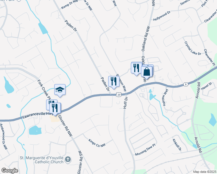 map of restaurants, bars, coffee shops, grocery stores, and more near 298 Paden Cove Trail in Lawrenceville