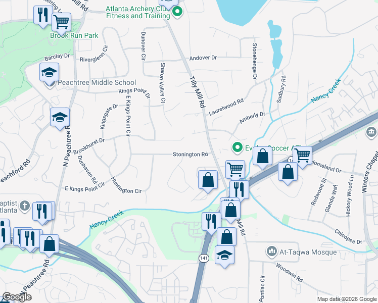 map of restaurants, bars, coffee shops, grocery stores, and more near 2502 Stonington Road in Dunwoody