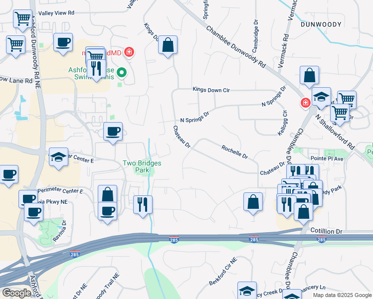 map of restaurants, bars, coffee shops, grocery stores, and more near 1518 Rochelle Drive in Dunwoody
