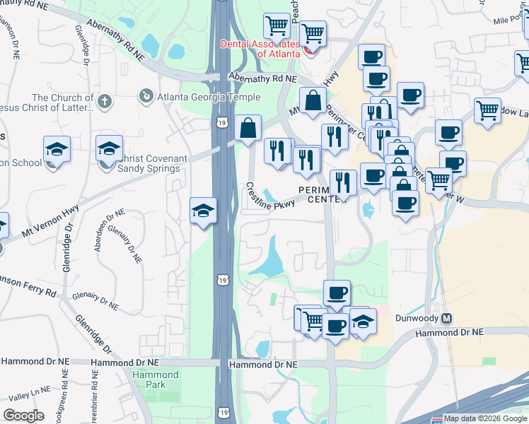 map of restaurants, bars, coffee shops, grocery stores, and more near 1063 Pearl Point Northeast in Atlanta