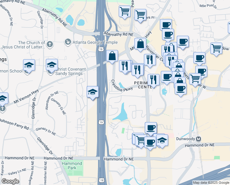map of restaurants, bars, coffee shops, grocery stores, and more near 968 Persimmon Point Northeast in Atlanta