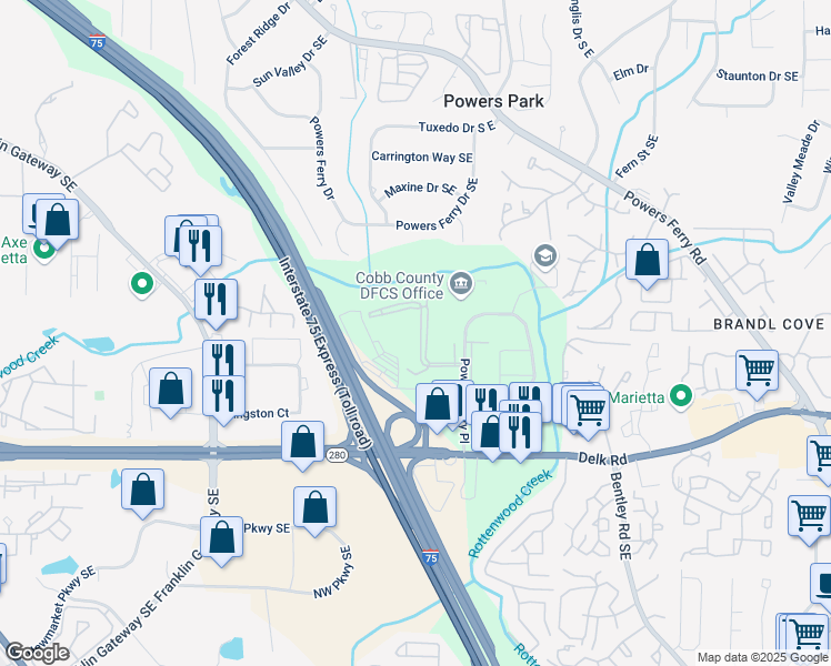 map of restaurants, bars, coffee shops, grocery stores, and more near 1113 Powers Ferry Place in Marietta