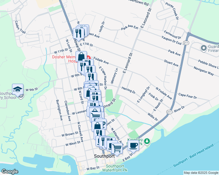 map of restaurants, bars, coffee shops, grocery stores, and more near 306 East 8th Street in Southport